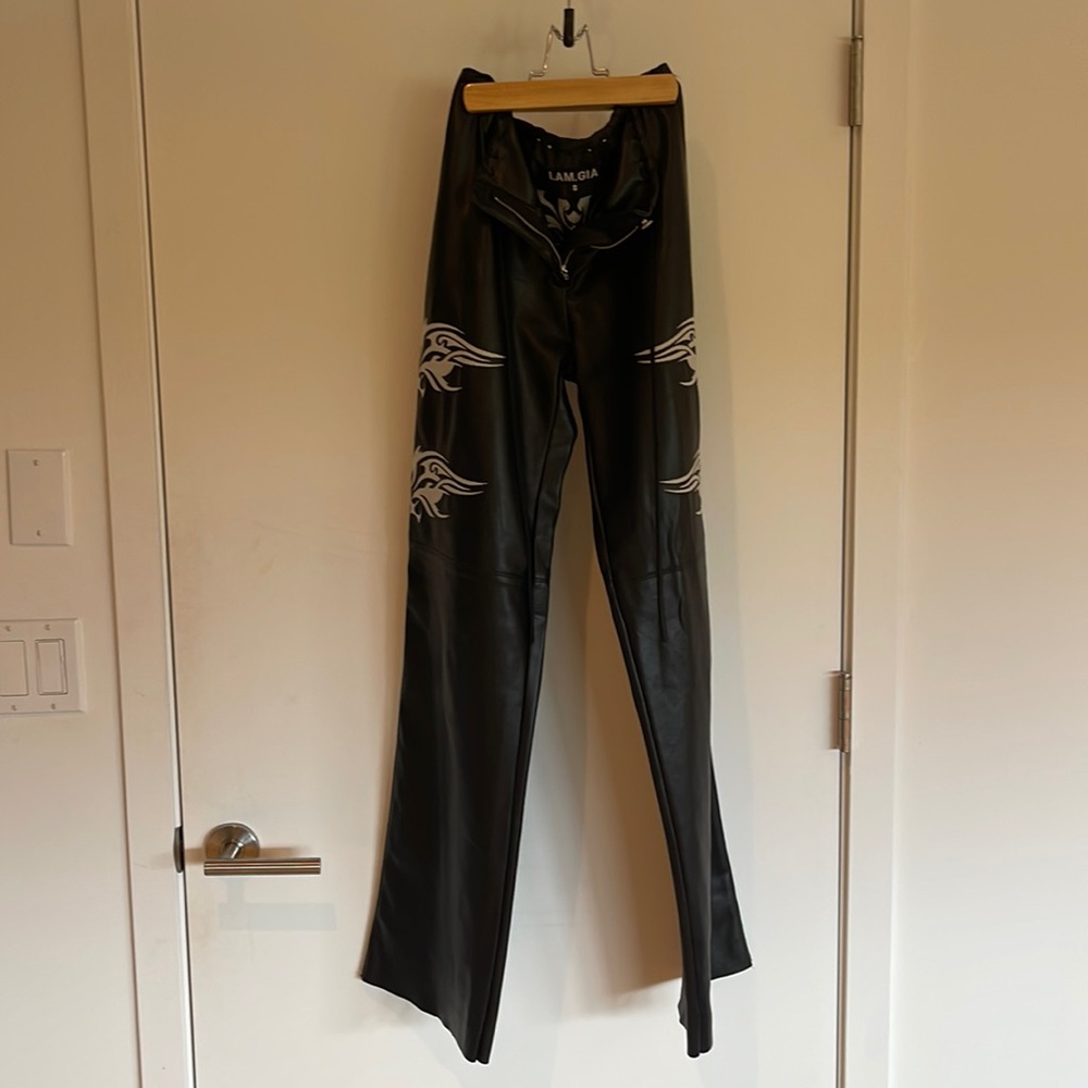I.AM.GIA Black Wide Leg Pants with White Flame Design